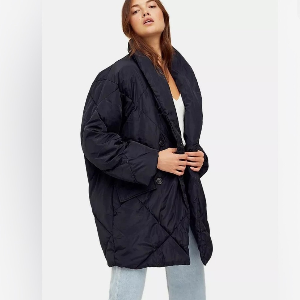 Free People Black Quilted Oversized Puffer Coat
